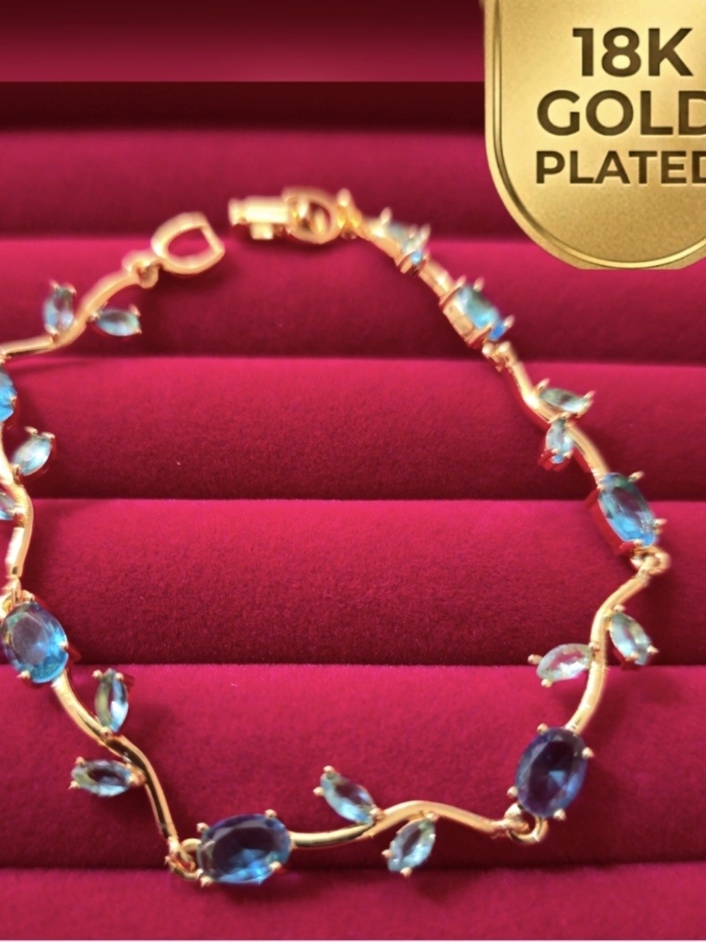 18K Gold Plated Bracelet W/ Blue Oval & Leaf Zircon Design - Elegant Jewelry B03